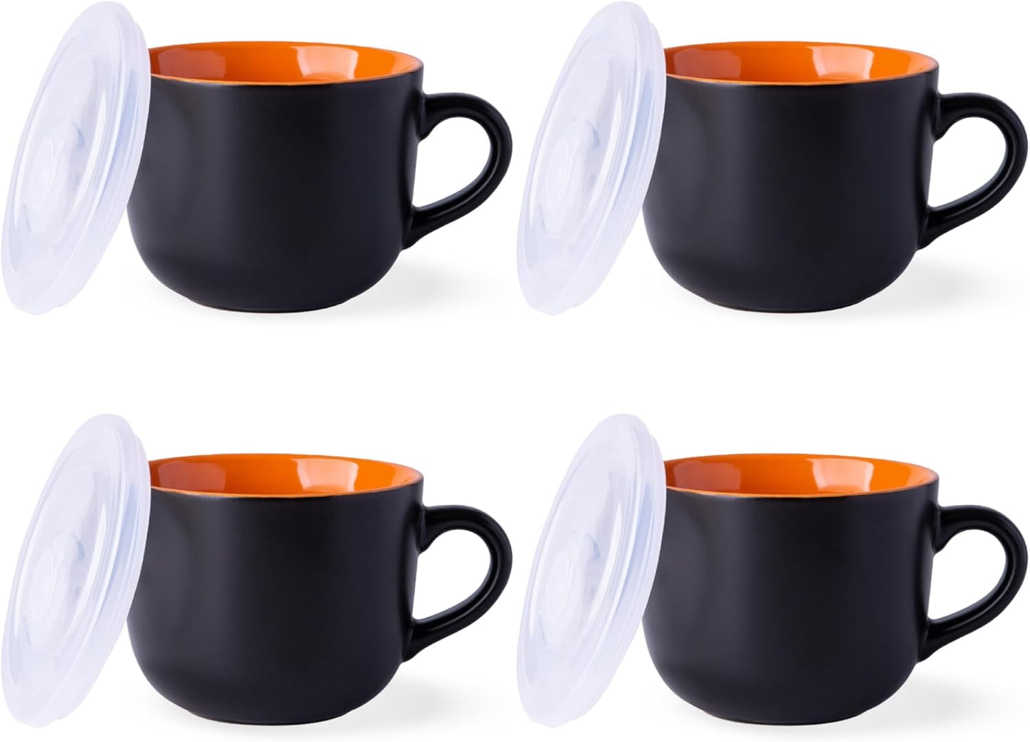Ceramic Soup Mugs with Vented Lid, 24 Oz Capacity, Set of 4 in Orange - Versatile for Soup, Coffee, Cereal, Salad, Noodles, and Tea, Microwave and Dishwasher Safe