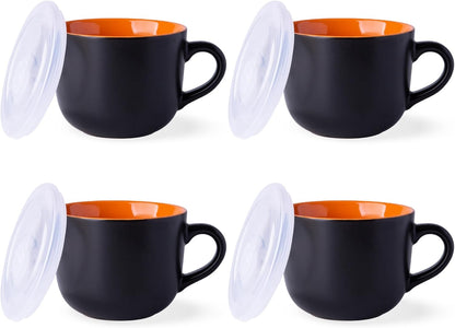Ceramic Soup Mugs with Vented Lid, 24 Oz Capacity, Set of 4 in Orange - Versatile for Soup, Coffee, Cereal, Salad, Noodles, and Tea, Microwave and Dishwasher Safe