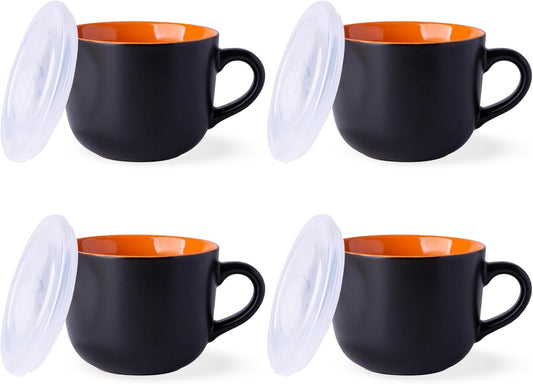 Ceramic Soup Mugs with Vented Lid, 24 Oz Capacity, Set of 4 in Orange - Versatile for Soup, Coffee, Cereal, Salad, Noodles, and Tea, Microwave and Dishwasher Safe