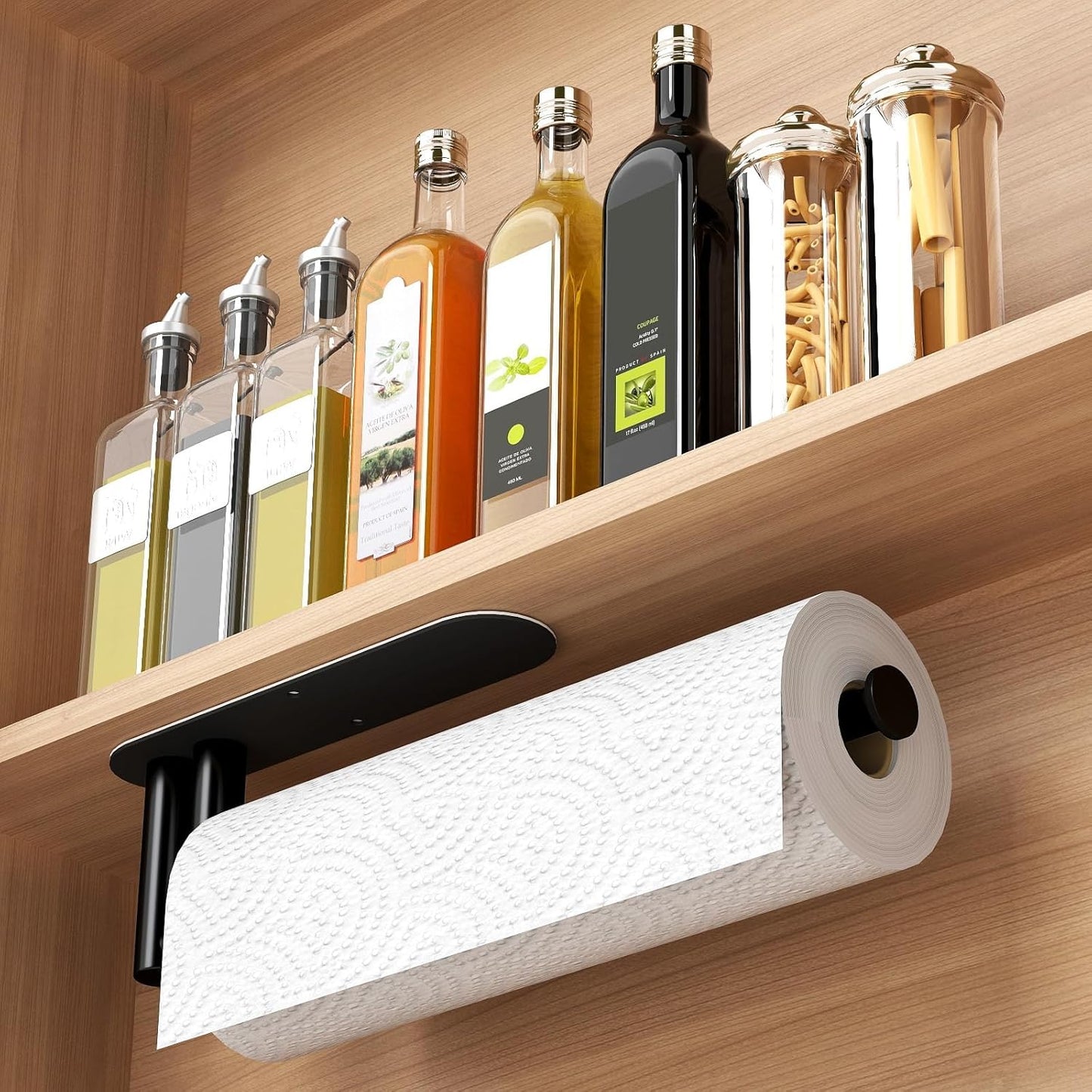 Paper Towel Holder under Cabinet, 13Inch Self-Adhesive or Wall Mount Paper Towel Holder for Kitchen, Bathroom, RV, Stainless Steel Black Paper Towel Holder under Counter or inside Cabinet