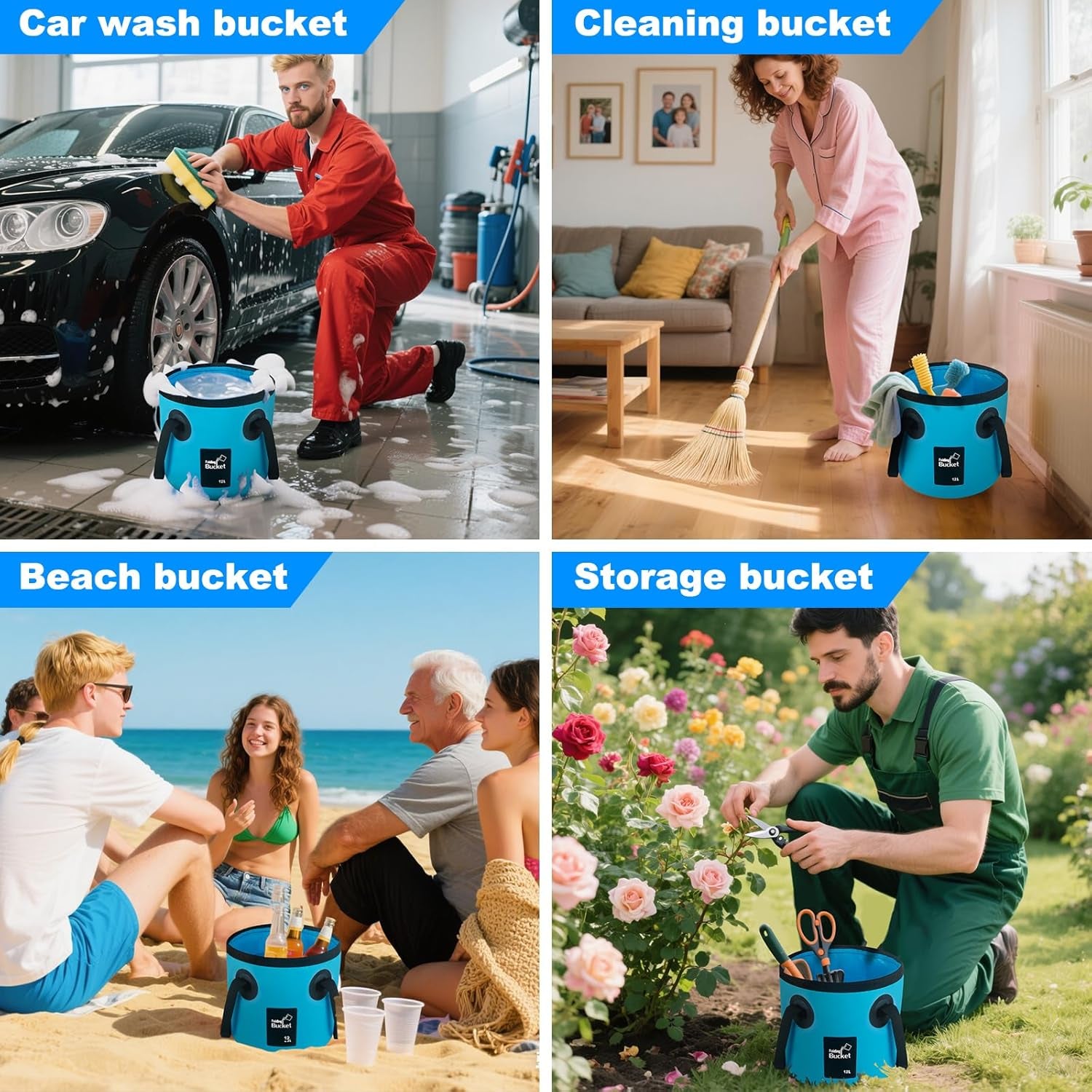 Car Wash Bucket 3.2 Gallon, Collapsible Bucket for Cleaning Supplies Car Wash Fishing, Plumbing Water Container Outdoor Camping Kids Sand Play Toy Organizer, Portable Laundry Wash Basin RV Essentials
