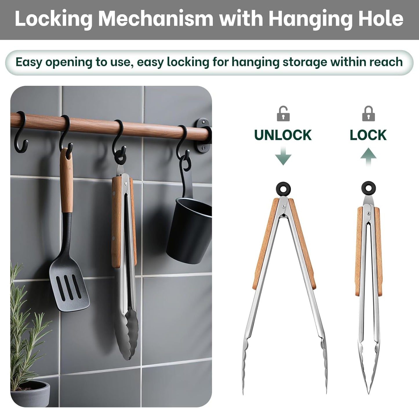 Tongs for Cooking, Food-Grade Stainless Steel Kitchen Tongs 12-Inch with Lightweight Heat-Insulating Wooden Grip & Non-Slip Scalloped Tips, Sturdy Locking Metal Tong for Cooking, Grill