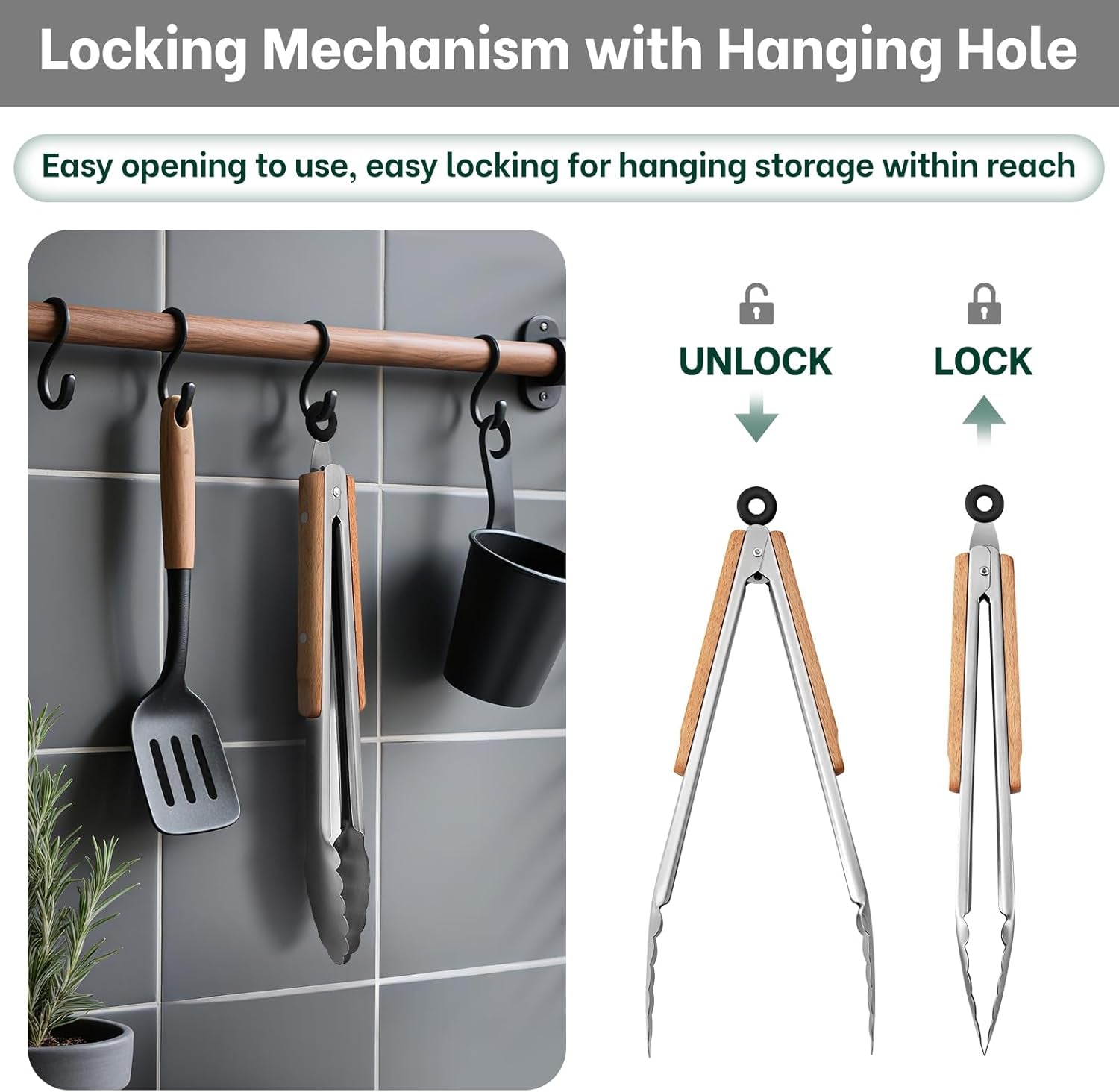 Tongs for Cooking, Food-Grade Stainless Steel Kitchen Tongs 12-Inch with Lightweight Heat-Insulating Wooden Grip & Non-Slip Scalloped Tips, Sturdy Locking Metal Tong for Cooking, Grill