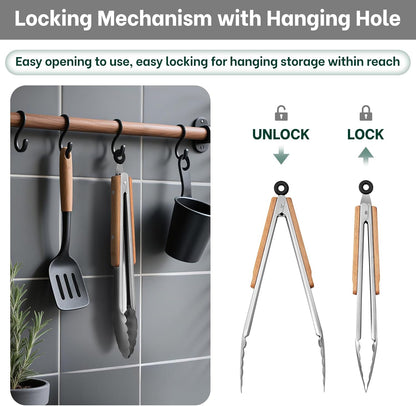 Tongs for Cooking, Food-Grade Stainless Steel Kitchen Tongs 12-Inch with Lightweight Heat-Insulating Wooden Grip & Non-Slip Scalloped Tips, Sturdy Locking Metal Tong for Cooking, Grill