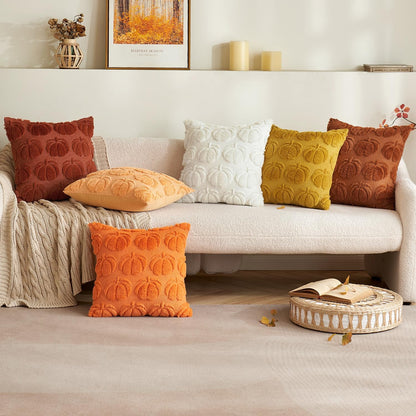 Autumn-Inspired Throw Pillow Covers 18x18 Set of 2 - Cream White Pumpkin Accent Pillowcases for Outdoor and Indoor Decor, Ideal for Sofa, Couch, Bed, and Living Room - Plush Faux Fur Halloween Farmhouse Home Accents