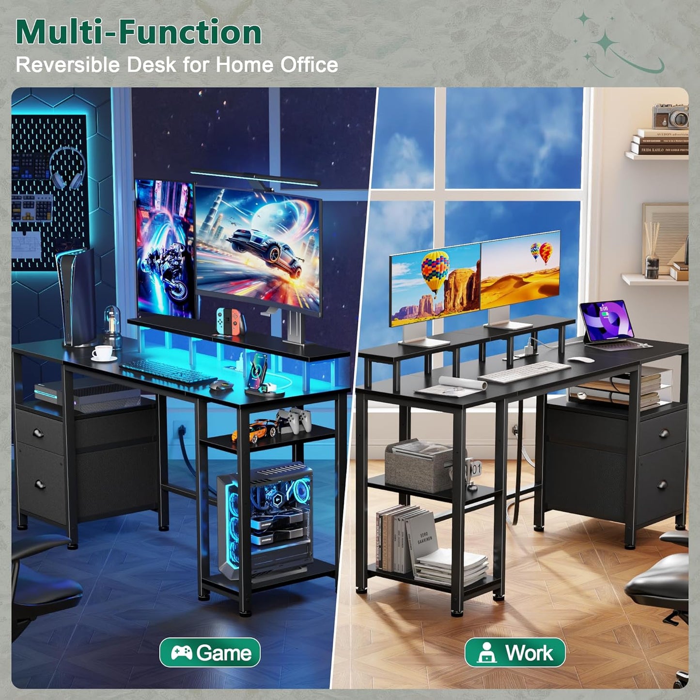 61" Gaming Desk with Power Outlets & LED Lights, Reversible Computer Desk with File Cabinet & Monitor Stand for Home Office, Large Work Table with Storage Shelves & Drawer, Black