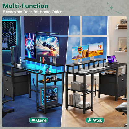 61" Gaming Desk with Power Outlets & LED Lights, Reversible Computer Desk with File Cabinet & Monitor Stand for Home Office, Large Work Table with Storage Shelves & Drawer, Black