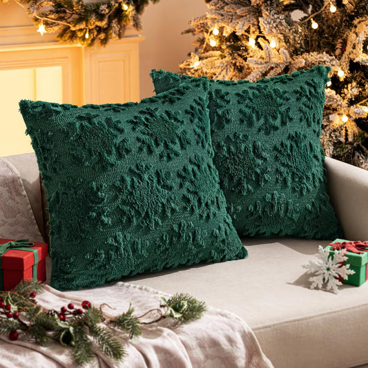 Christmas Snowflake Decorative Throw Pillow Covers Set of 2,Soft Fluffy Faux Wool Winter Holiday Couch Pillows for Farmhouse Boho Home Decor Sofa Bed Porch Living Room 18X18 Inch Green