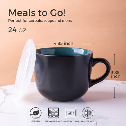 Ceramic Soup Mugs with Vented Lids, 24 Oz Capacity, Set of 4 in Green - Versatile for Soup, Coffee, Cereal, Salad, Noodles, and Tea, Microwave and Dishwasher Safe