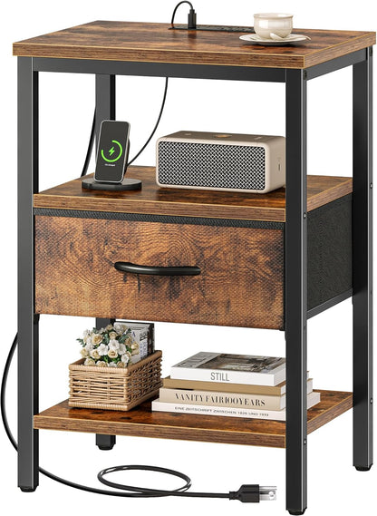 Rustic Brown Nightstand with Integrated Charging Station and Adjustable Fabric Drawer, 3-Tier Storage End Table for Bedroom and Living Room