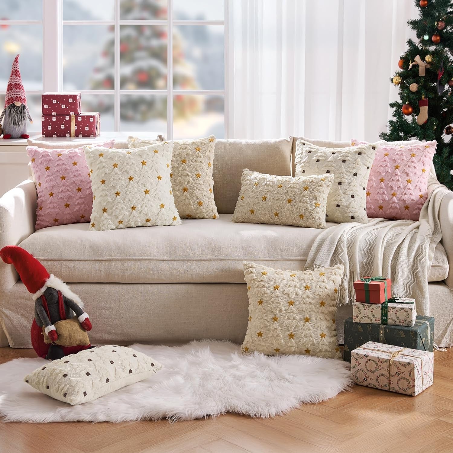 Christmas Pillow Covers 12X20 Inch Set of 2, Beige Christmas Tree Plush Faux Fur Pillowcases Soft Decorative Throw Pillow Cases for Couch Sofa Living Room Winter Xmas Holiday Home Decor