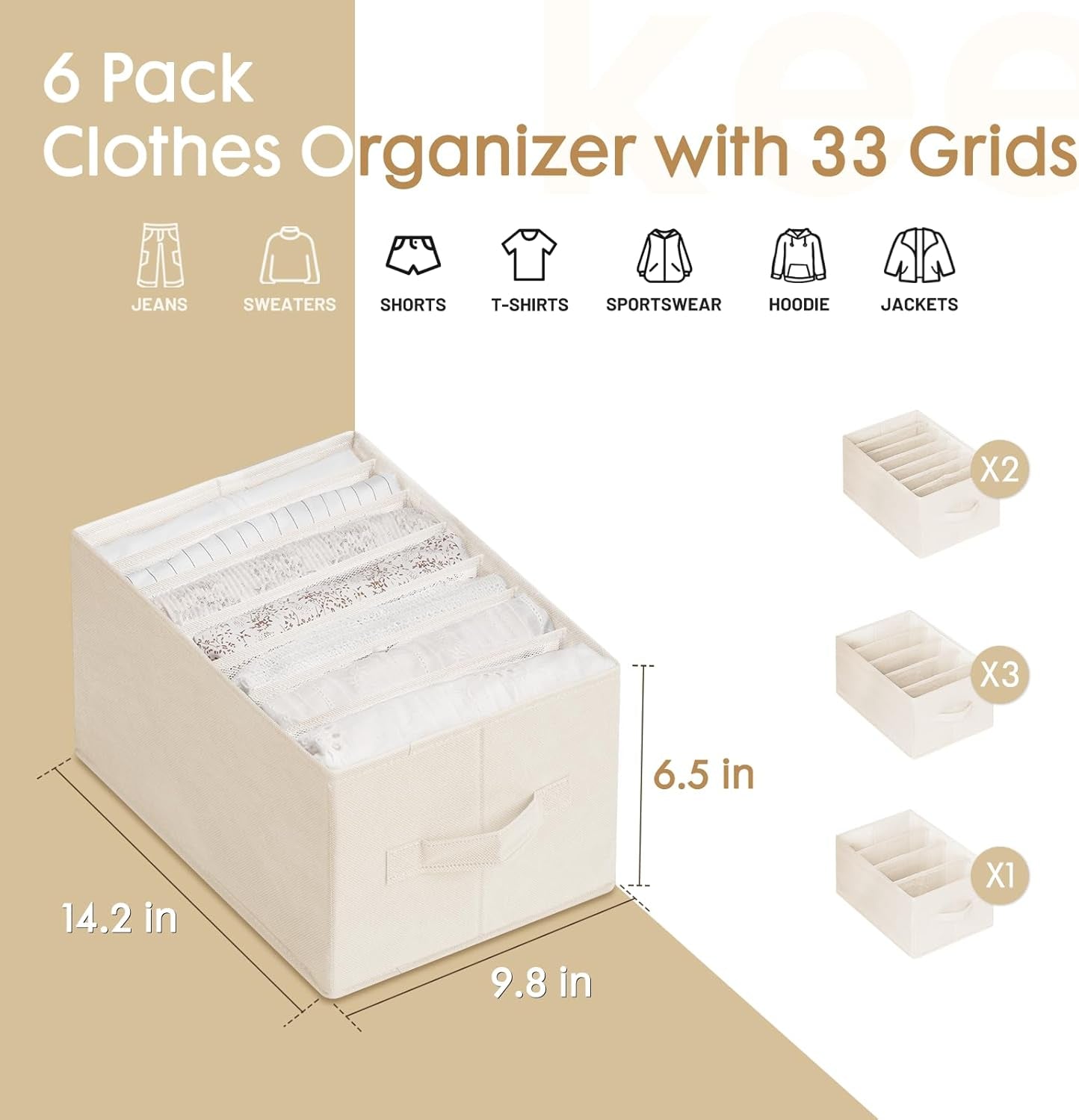 6 Pack Large Clothes Organizer, Wardrobe Closet Organizer and Storage with Handles, Foldable Fabric Closet Organizers Dividers for Clothing, Pants, Jeans, Sweater, T-Shirts, Beige