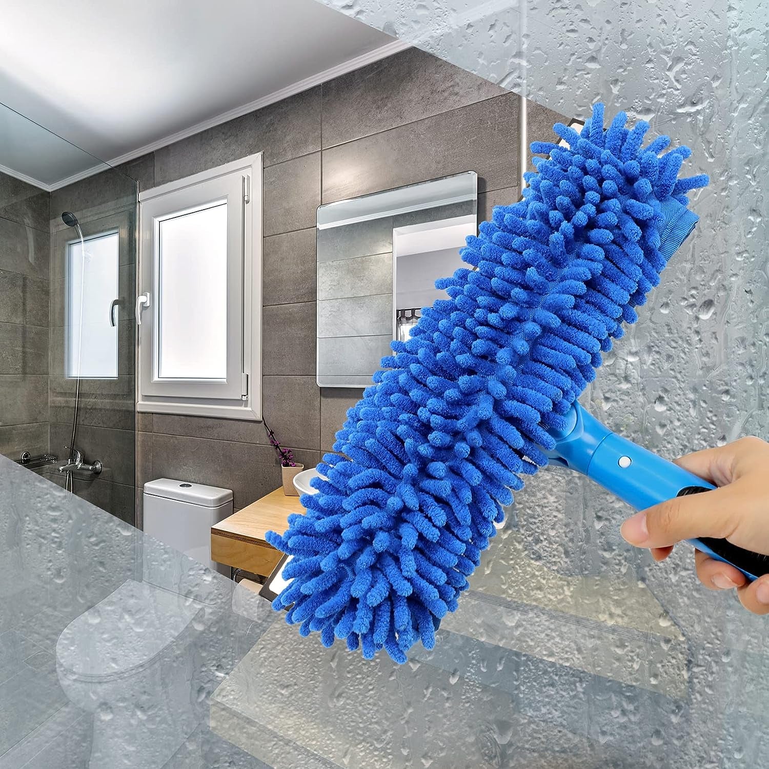 Professional 69'' Window Squeegee Cleaner Tool with Extension Pole, 2-In-1 Squeegee for Window Cleaning Kit with Scrubber and Rotating Head, 1 Blade 2 Scrubber
