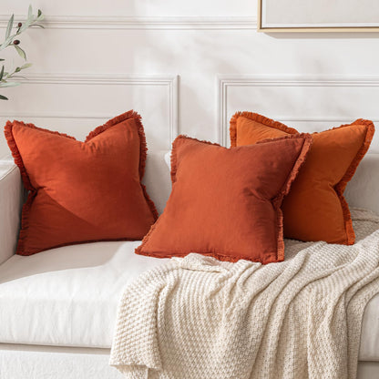 Throw Pillow Covers Fall Boho Farmhouse 18X18 Set of 2 Decorative Burnt Orange Couch with Fringe Chic Cotton Pillowcases Home Decor Accents for Cushion Soft Bed Living Room