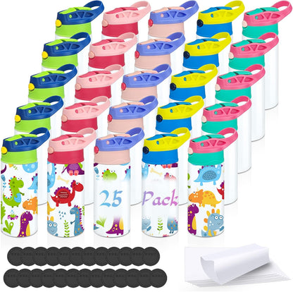 Kids Sublimation Tumbler,25 PACK 12Oz Stainless Steel Sublimation Sippy Cup,Double Wall Insulated Kids Tumbler with Handle,Spill Proof Lid,Shrink Films,Silicone Bottoms,For Water,Drinks