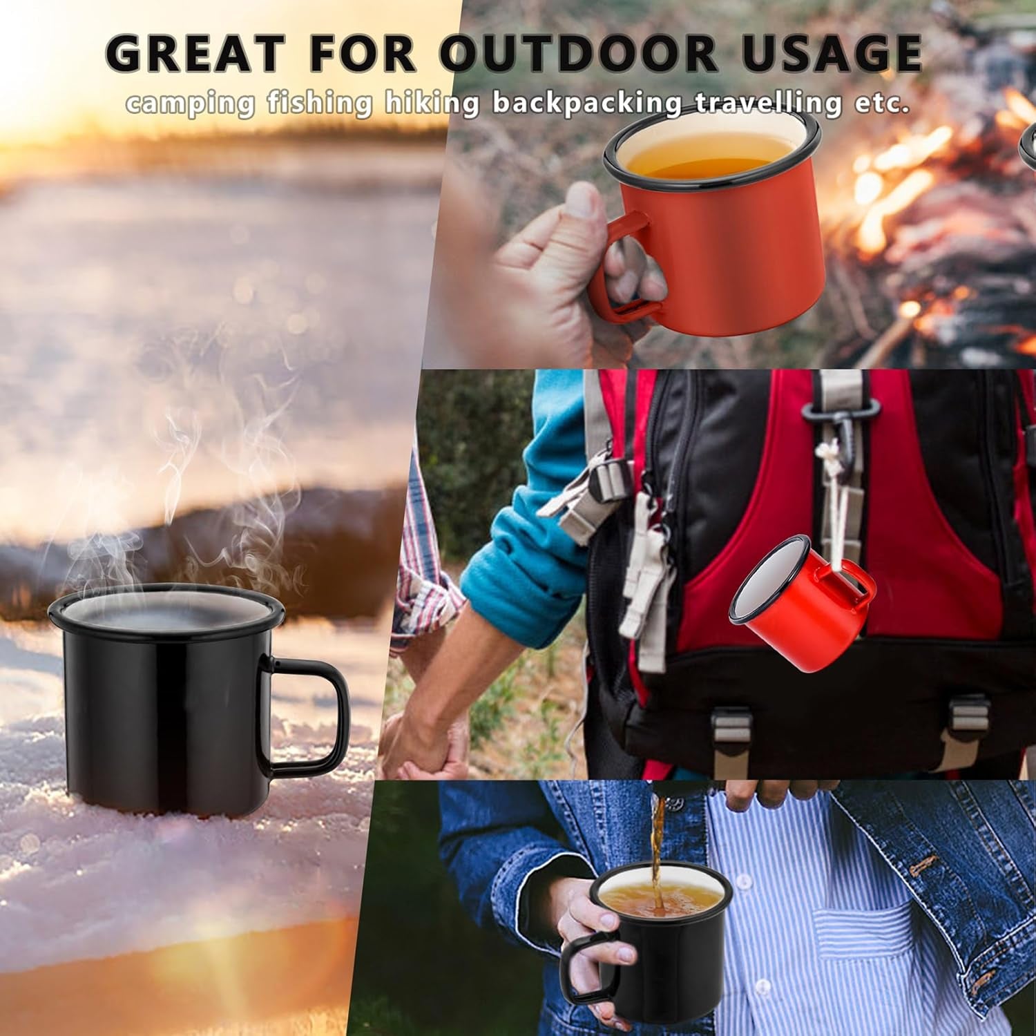 Enamel Coffee Mugs Cups Set of 2,12 Oz Small Enamel Camping Cup for Coffee Water Soup, Indoor and Outdoor Use, Portable & Sturdy, Black & Red