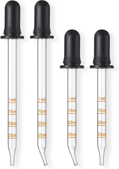 4 Pack, 1 Ml Glass Eye Dropper with Measurement - Long & Short, Bent & Straight Tip Calibrated Glass Medicine Droppers, Accurate Dose Pipette Dropper for Essential Oils, Feeding, Ear, Lab, Health Care