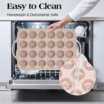 Mini Silicone Muffin Pans for Baking with Metal Reinforced Frame, 24 Cups Brown Regular Size Nonstick Cupcake Pan, BPA Free Oven Dishwasher Safe Baking Mold for Muffins Cupcakes