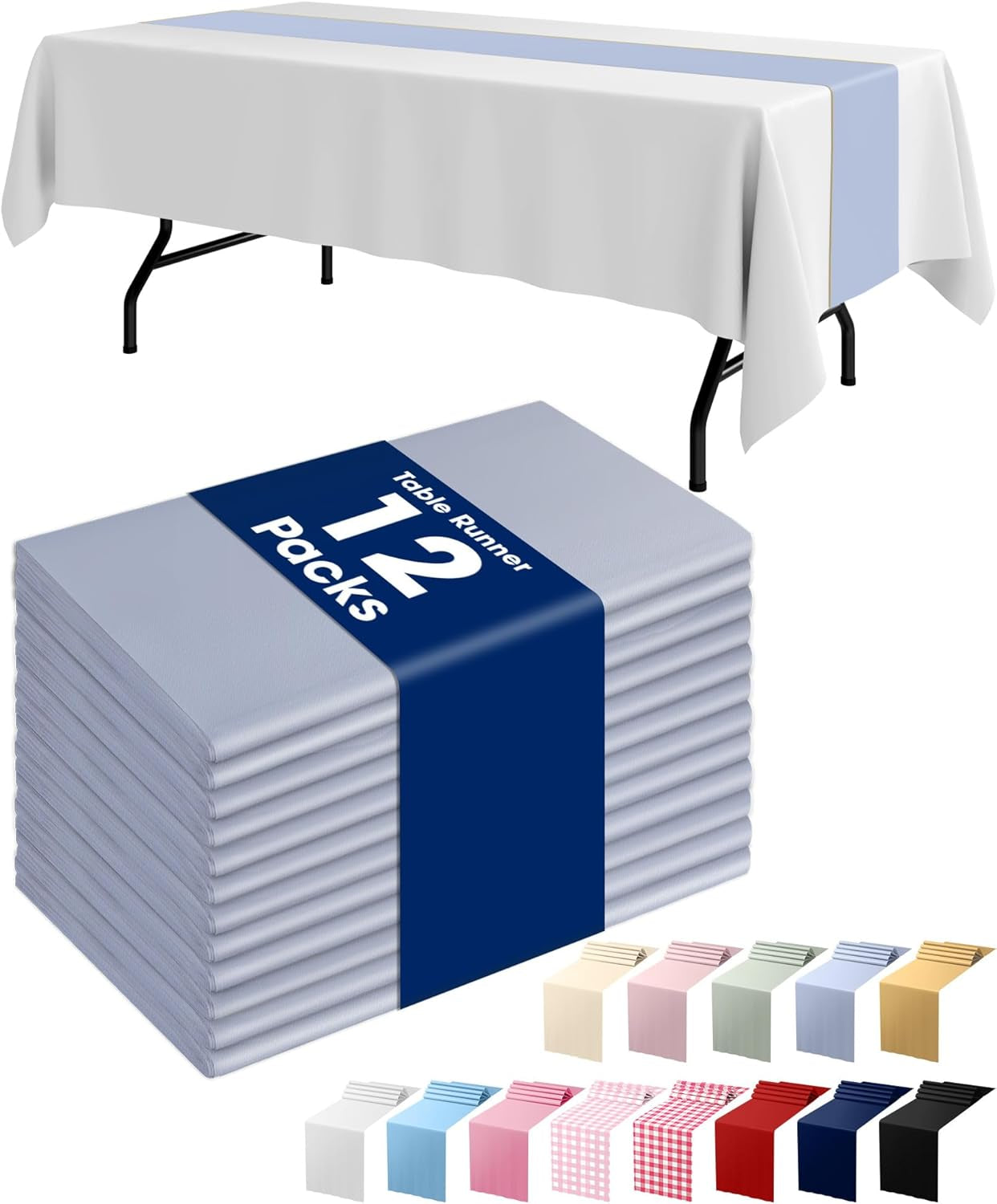 Dusty Blue Plastic Table Runners - 12 Pack, 14'' X 108'', Water Resistant & Disposable Centerpiece Decorations for Table Cloth, Wedding, Birthday, Holiday, Baby Shower, Party, Home Decor
