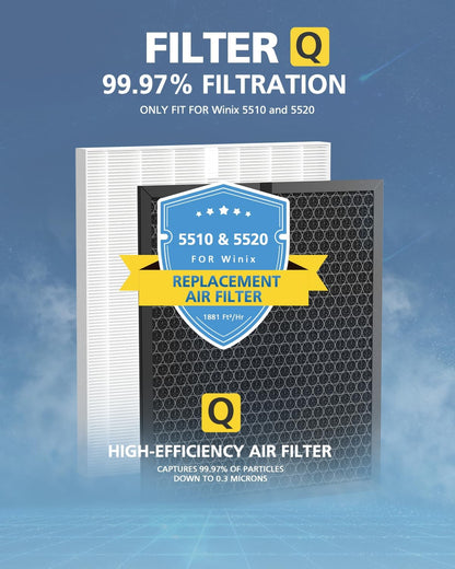 Filter Q 1712-0123-00 for Winix 5510/5520 Air Purifier Filter Replacement for Large Room up to 1881 Ft²/Hr, HEPA Filter & High Deodorization Activated Carbon Captures Pet Dander, Smoke, Dust, Pollen