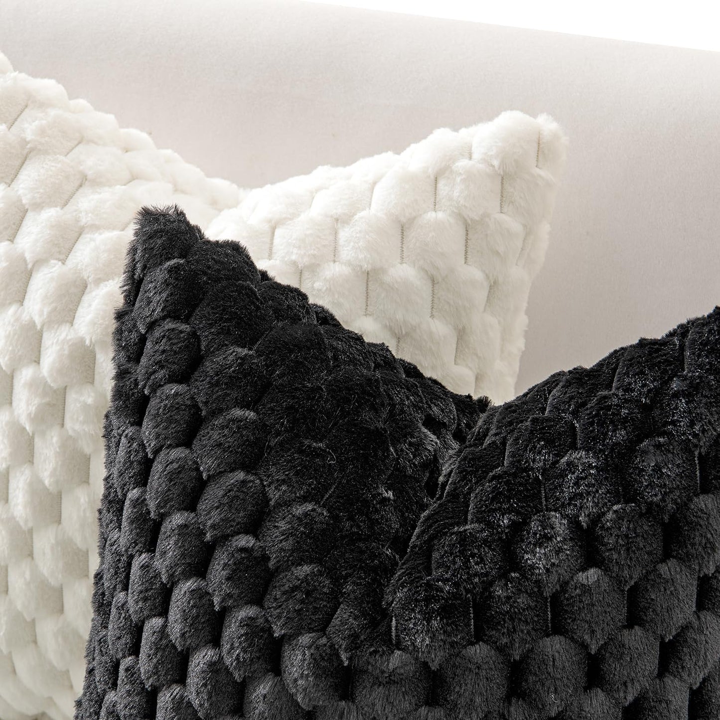 Black Faux Fur Decorative Throw Pillow Covers 18X18 Inch Set of 2 Super Soft Cozy Plush Cushion Cases Luxury Fluffy Pillowcases for Sofa Couch Bed Living Room