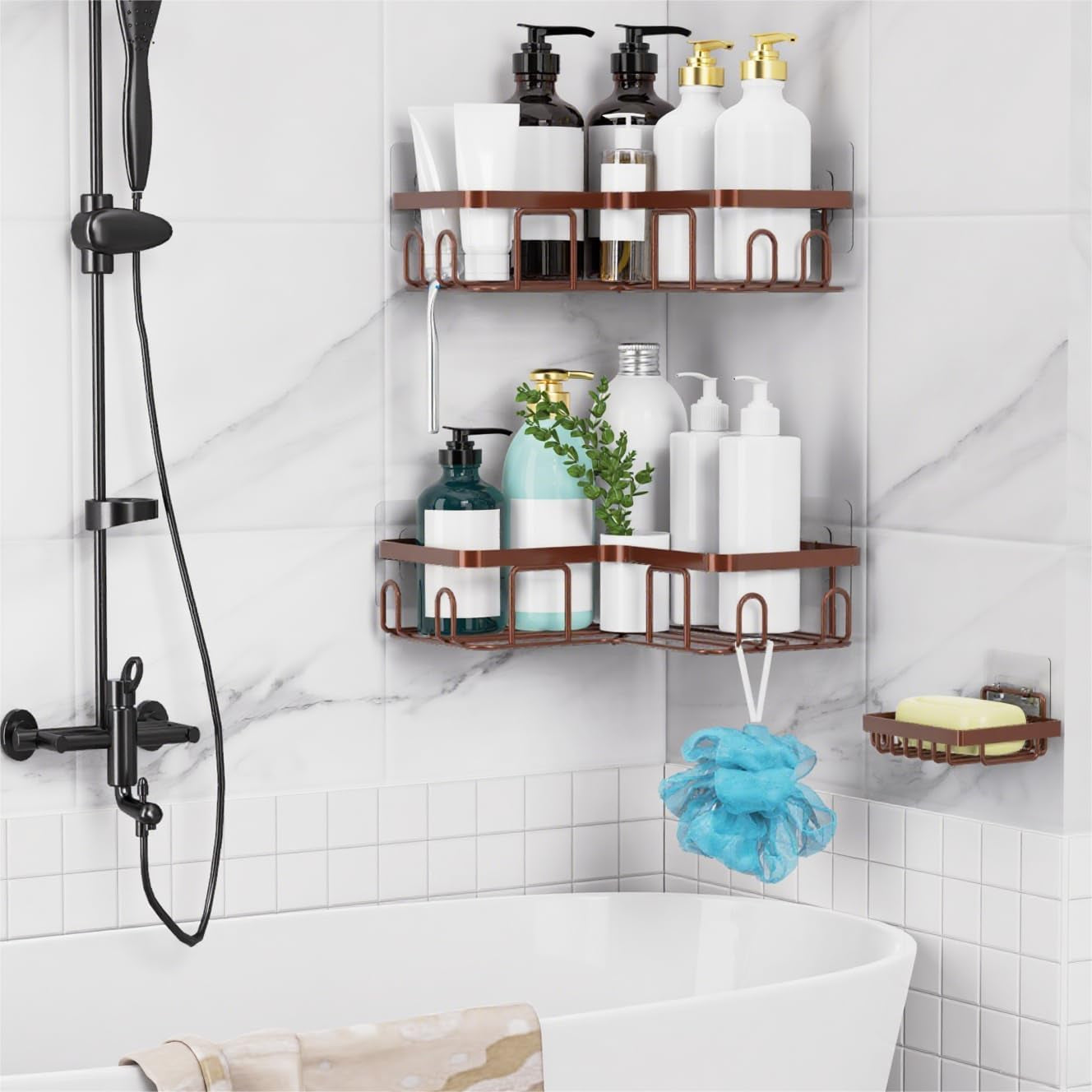 Adhesive Corner Shower Caddy, 3 Pack Organizer with Soap Holder and 12 Hooks, Rustproof Shower Shelves for Bathroom, Brown