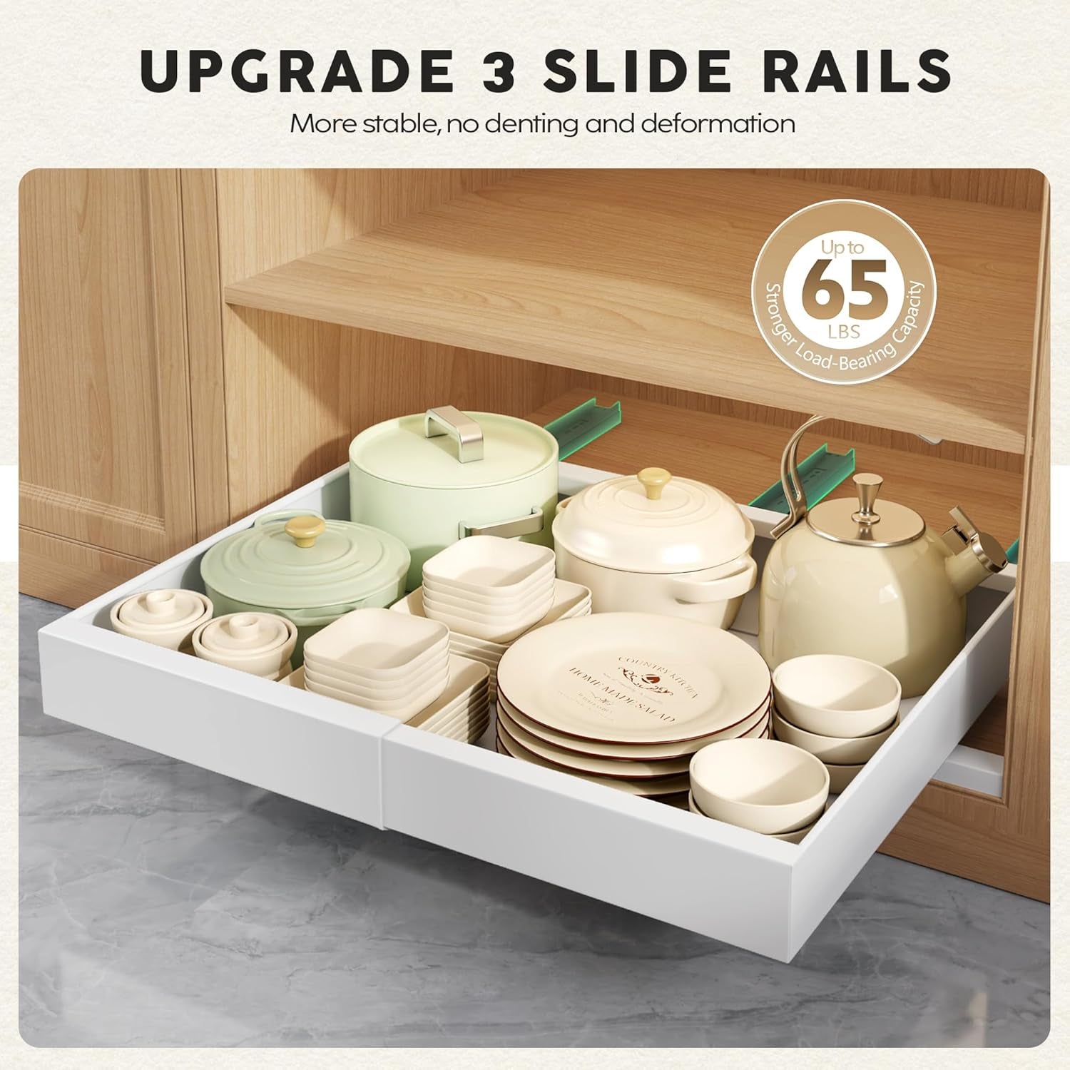 2-Pack 21" Deep Pull-Out Cabinet Organizers with Raising Pad for Framed Cabinets, Expandable Slide-Out Drawers with 3 Slide Rails, Adhesive Roll-Out Shelves, Adjustable Width 12"-20.45", White