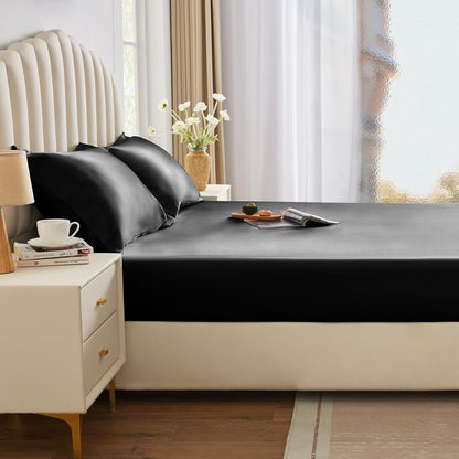 Satin Fitted Sheet Queen Size, Black Silky Satin Bed Fitted Sheet Only with Microfiber, Deep Pocket, Single Bottom Sheet Sold Separately, Breathable, Smooth and Soft