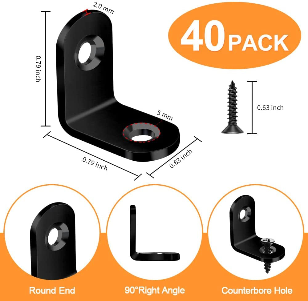 40PCS L Bracket Corner Brace Sets, Stainless Steel Corner Brackets, 90 Degree Right Angle Bracket, Metal L Brackets for Shelves Wood Furniture Cabinet Chair Drawer with 80PCS Screws, Black (20Mmx20Mm)