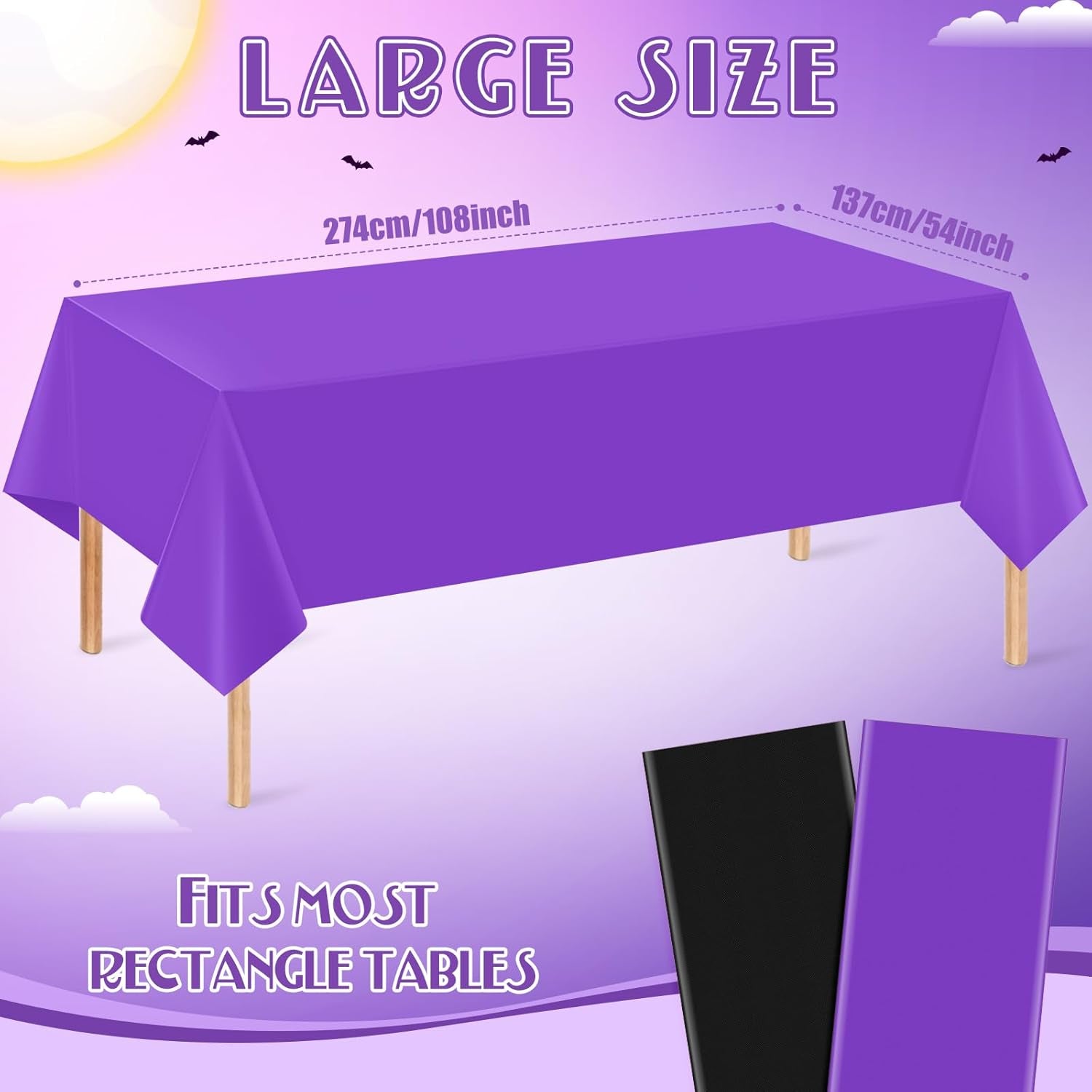 12Pack 54 X 108 Inch Halloween Tablecloths Bulk Plastic Black Purple Table Cloths Disposable Rectangle Table Covers for Halloween Witch Vampire Party Fall Autumn Harvest Party Decoration