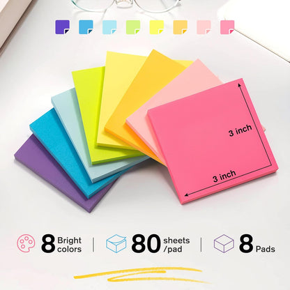 Sticky Notes 3X3 Inches Bulk 8 Pack Colored Self-Stick Pads, Colorful Sticky Notes 80 Sheets/Pad, Easy to Post for Office Supplies, School, Home