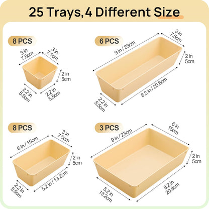 25 PCS Plastic Drawer Organizers Set, 4-Size Versatile Bathroom and Vanity Drawer Organizer Trays, Storage Bins for Makeup, Bedroom, Kitchen Gadgets Utensils and Office