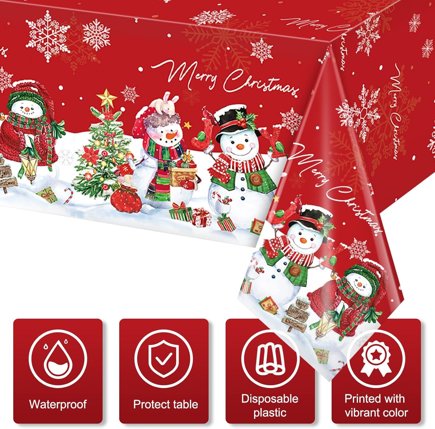 1Pcs Christmas Snowman Tablecloth,Plastic Christmas Snowman Snowflake Winter Table Cover with Xmas Tree for Winter Holiday Themed Party Decorations and Supplies,54X 108Inch（Red）