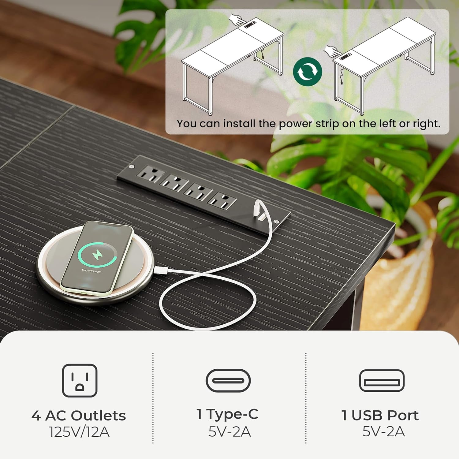 63 x 24 Inch Heavy-Duty Computer Desk with Power Outlets & USB-C, Enhanced Desktop Thickness, Sturdy Metal Frame, Ideal for Home Office and Gaming, Black