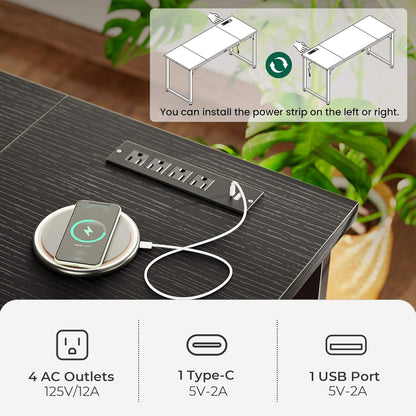 63 x 24 Inch Heavy-Duty Computer Desk with Power Outlets & USB-C, Enhanced Desktop Thickness, Sturdy Metal Frame, Ideal for Home Office and Gaming, Black