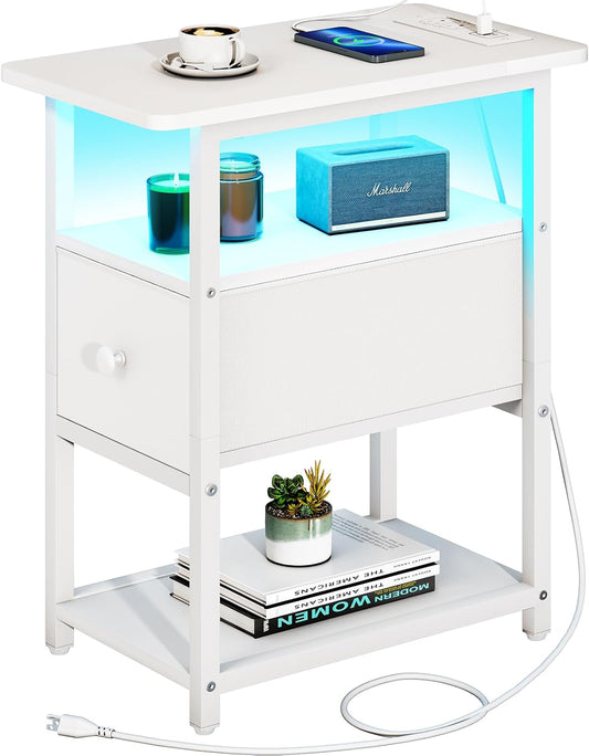 End Table with Charging Station, Narrow Side Table with Adjustable Fabric Drawer, 3-Tier End Tables Living Room, Small Nightstand with Outlets, LED Skinny Night Stand for Bedroom Small Spaces