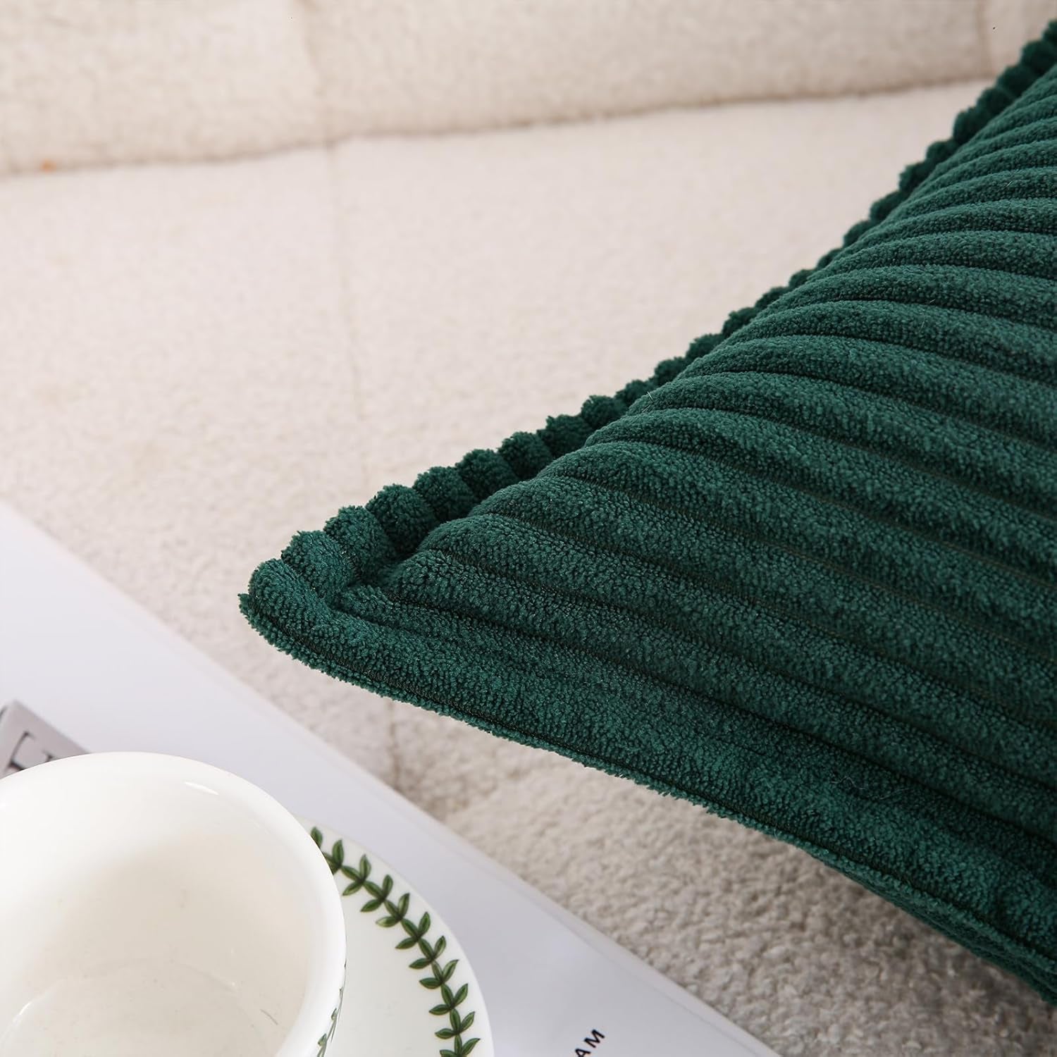 Corduroy Dark Green Throw Pillow Covers Set of 2 Striped Boho Decorative with Edge Design,Super Soft Throw Pillow Cushion Covers for Couch Sofa Living Room Solid Square 18×18Inch/45Cm×45Cm