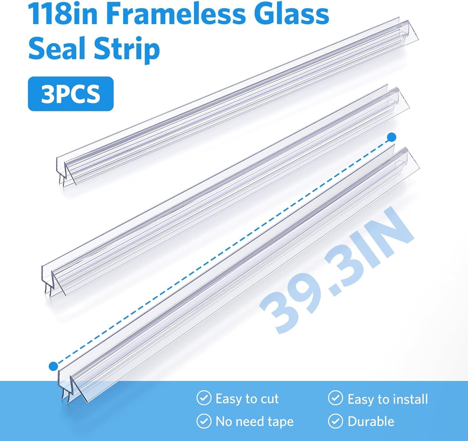 Shower Door Bottom Seal, 3Pack Shower Door Sweep Strip, Frameless Glass Doors Seal Strip for 3/8'' (10Mm) Thick Doors, Showers Water Guard & Barrier - Stop Water Leakage, 39.3'' X 0.39''