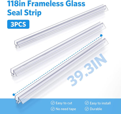 Shower Door Bottom Seal, 3Pack Shower Door Sweep Strip, Frameless Glass Doors Seal Strip for 3/8'' (10Mm) Thick Doors, Showers Water Guard & Barrier - Stop Water Leakage, 39.3'' X 0.39''
