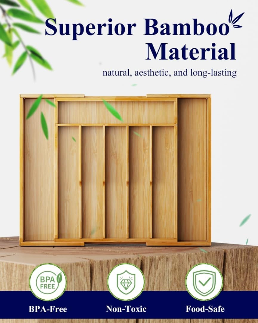 Large Thickened Silverware Organizer - Expandable Bamboo Kitchen Drawer Organizer for Cooking Utensils and Cutlery, Sturdy Kitchen Organizers and Storage Solution, 18.5"×13.3"×1.8"