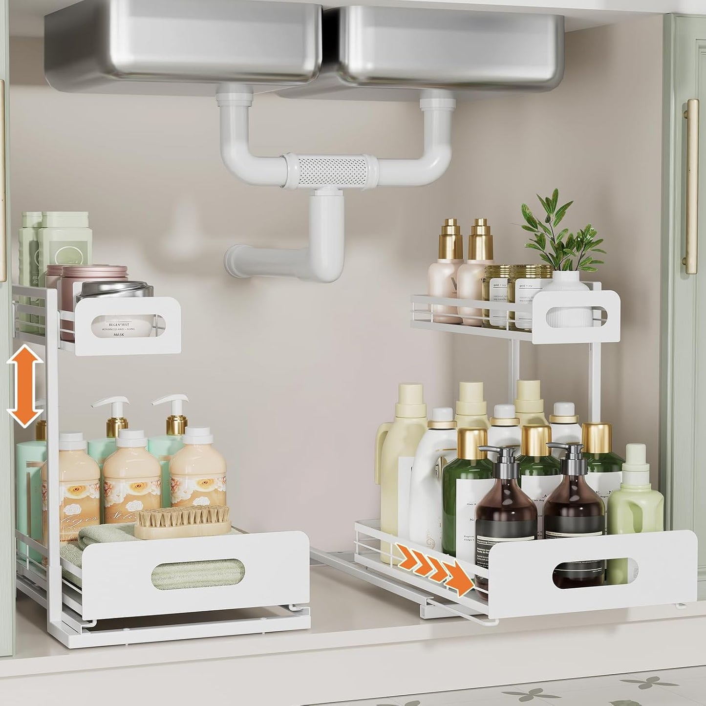 2 Pack Metal under Sink Organizers and Storage, 2 Tier Pull Out under Cabinet Organizer for Kitchen Bathroom, Adjustable under Sink Shelf for under Counter Storage Organizer, White