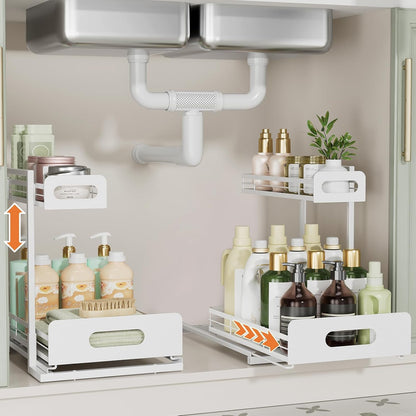 2 Pack Metal under Sink Organizers and Storage, 2 Tier Pull Out under Cabinet Organizer for Kitchen Bathroom, Adjustable under Sink Shelf for under Counter Storage Organizer, White