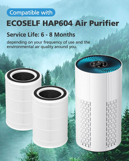 2 Pack HAP604 HEPA Air Filter Compatible with ECOSELF HAP604 Air Purifiers for Home Large Room 360° Air Intake & Outlet 3-In-1 Efficiency Filtration System for Bedroom Pets Cover up to 1076 Ft²