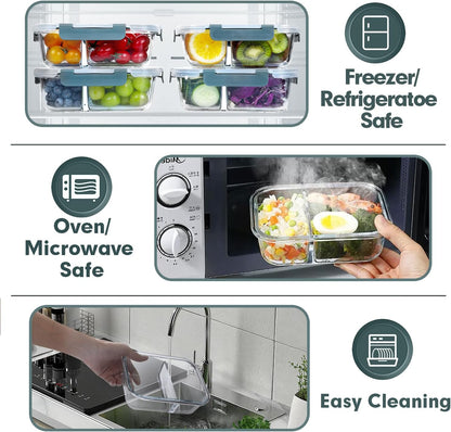 10-Pack 30 OZ Glass Meal Prep Containers with 2 Compartments, Airtight Lids, Microwave, Oven, Freezer, and Dishwasher Safe, Grey