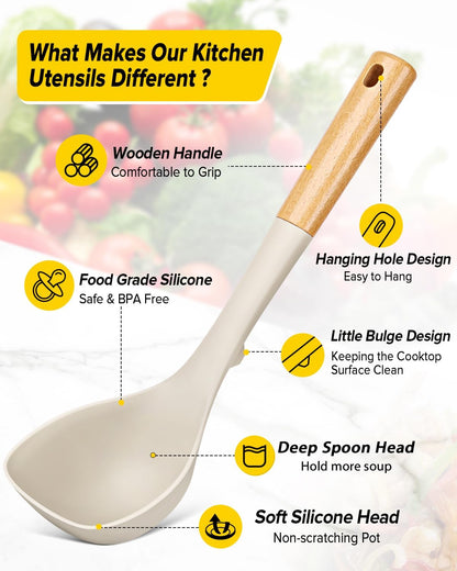 Silicone Soup Ladle and Spaghetti Spoon Set with Wooden Handle, Non Stick Heat Resistant Kitchen Utensils for Cooking, Stirring, Serving Pasta, Soup & Sauce(Khaki)