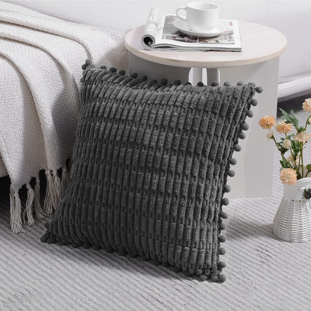 2 Packs Dark Grey Decorative Throw Pillow Covers 20X20 Inch with Pom-Poms for Couch Bed Living Room, Farmhouse Boho Home Decor, Soft Corduroy Cute Square Cushion Case 50X50 Cm
