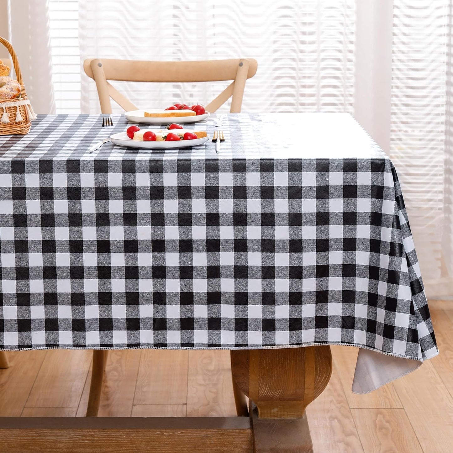 Heavy Duty Vinyl Tablecloth with Flannel Backing Waterproof Oil-Proof Plastic Table Cloth Stain-Resistant Wipeable Rectangle or Square Table Cover for Indoor and Outdoor (Black Checkered, 54X54 Inch)