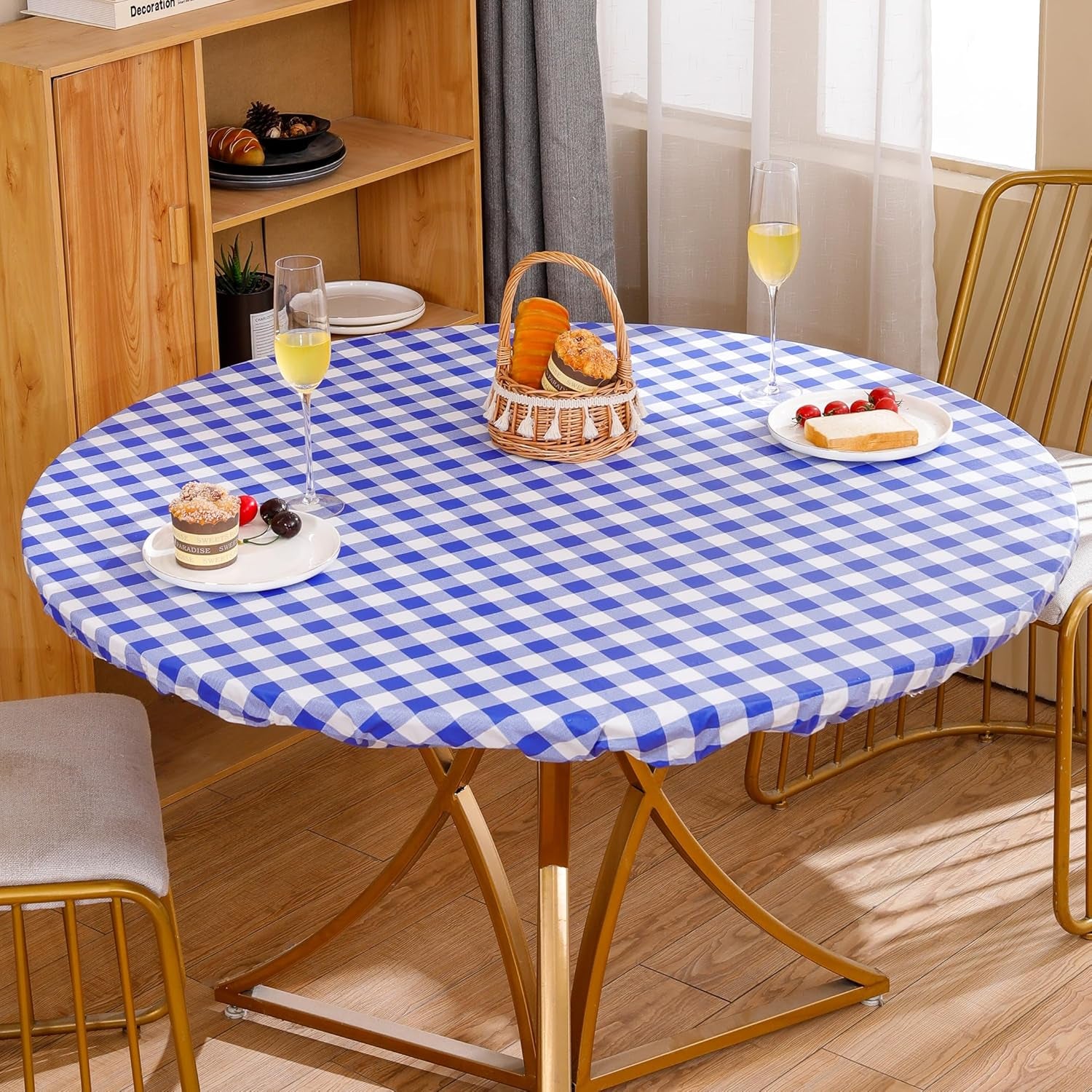 Round Vinyl Fitted Tablecloth with Flannel Backing Elastic Edge Design Table Cover Waterproof Oil-Proof PVC Table Cloth Stain-Resistant Best for 32"-36" Round
