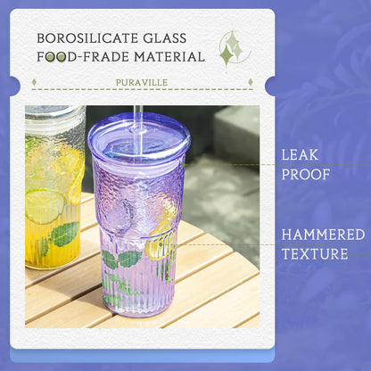 20Oz Glass Cups with Lids and Straws, 2 Pack High Borosilicate Iced Coffee Cups Drinking Glasses Tumbler for Smoothie, Water, Tea, Juice Drinks, Violet Purple