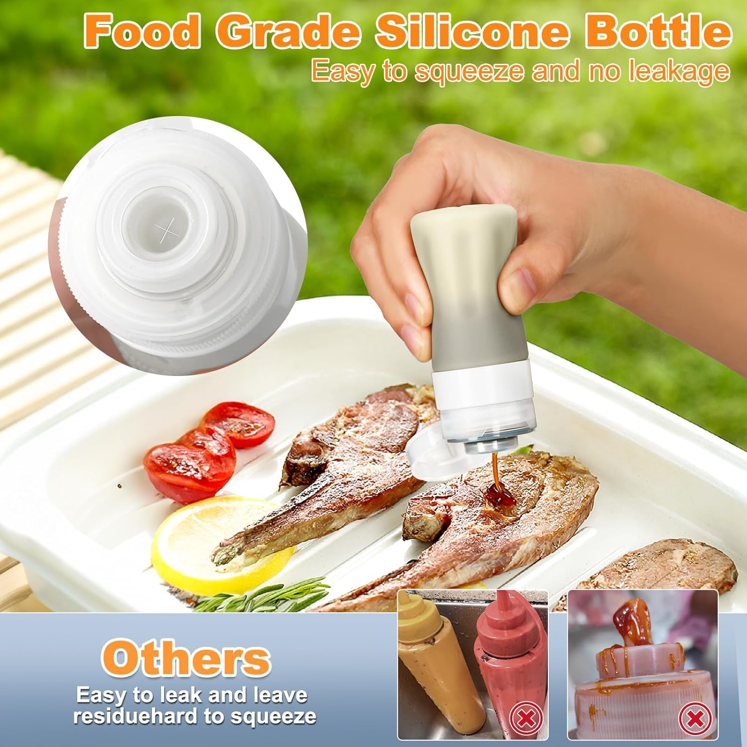 Salad Dressing Container to Go, 4 Pack Condiment Squeeze Bottles for Sauces, Mini Silicone Liquids Containers for Bento Lunch Box, Travel Bottles for Toiletries Refillable with 2 Extra Caps+Brush, 2Oz